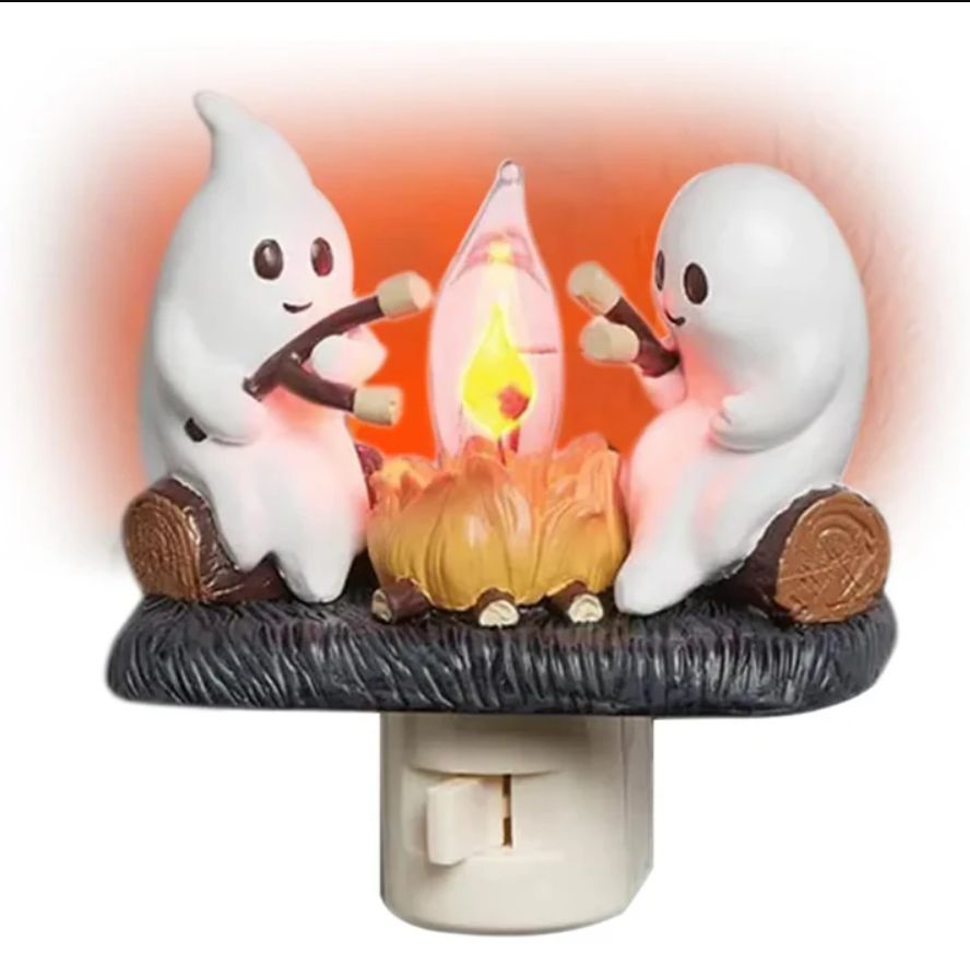  Halloween ghost campfire flickering night light decoration, featuring playful ghosts gathered around a campfire with a flickering flame effect, perfect for a spooky seasonal ambiance.