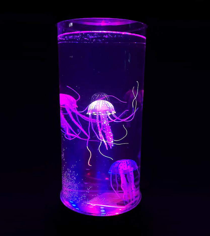 Jellyfish lamp emitting vibrant, color-changing LED light, creating a serene and enchanting underwater ambiance. Perfect for mood lighting in bedrooms or living spaces