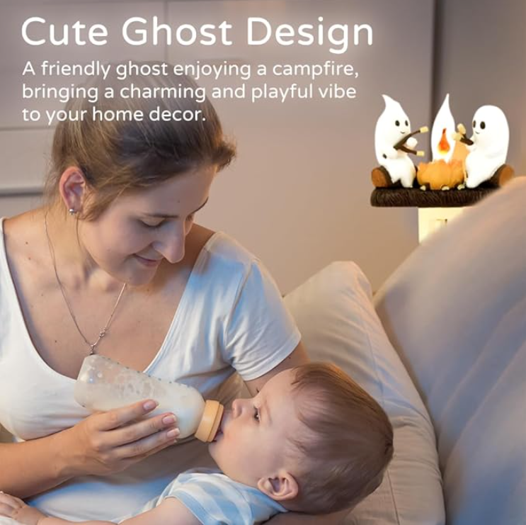 2024 Ghost Campfire Night Light with a flickering flame effect, creating a spooky and cozy atmosphere, perfect for adding a unique touch to any room or Halloween decor.