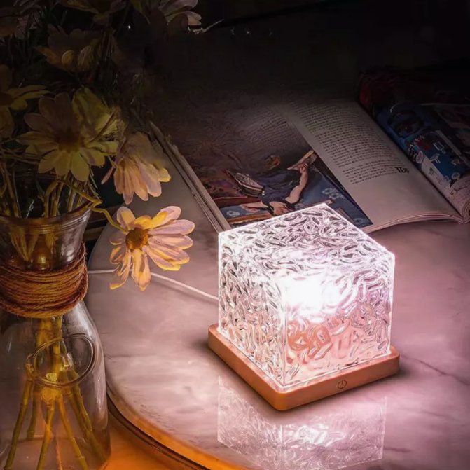 Water Ripple Projector Crystal Lamp LED Night Light, illuminating rooms with relaxing ripple patterns for a tranquil ambiance.