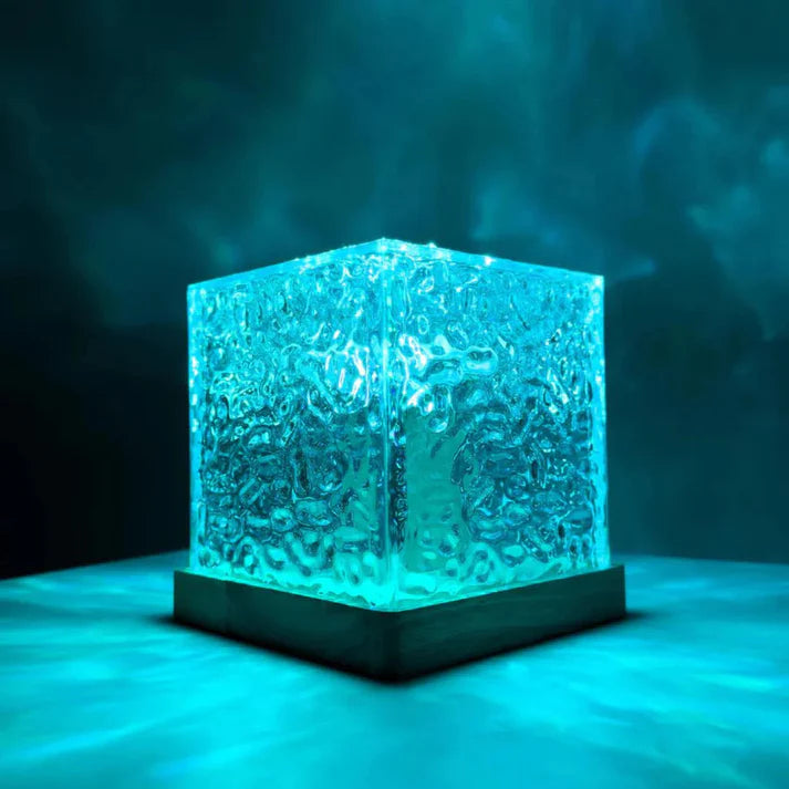 Aura Lamp Cube showcasing a modern LED lighting design with customizable colors and a soft glow, perfect for creating a cozy atmosphere in any room.