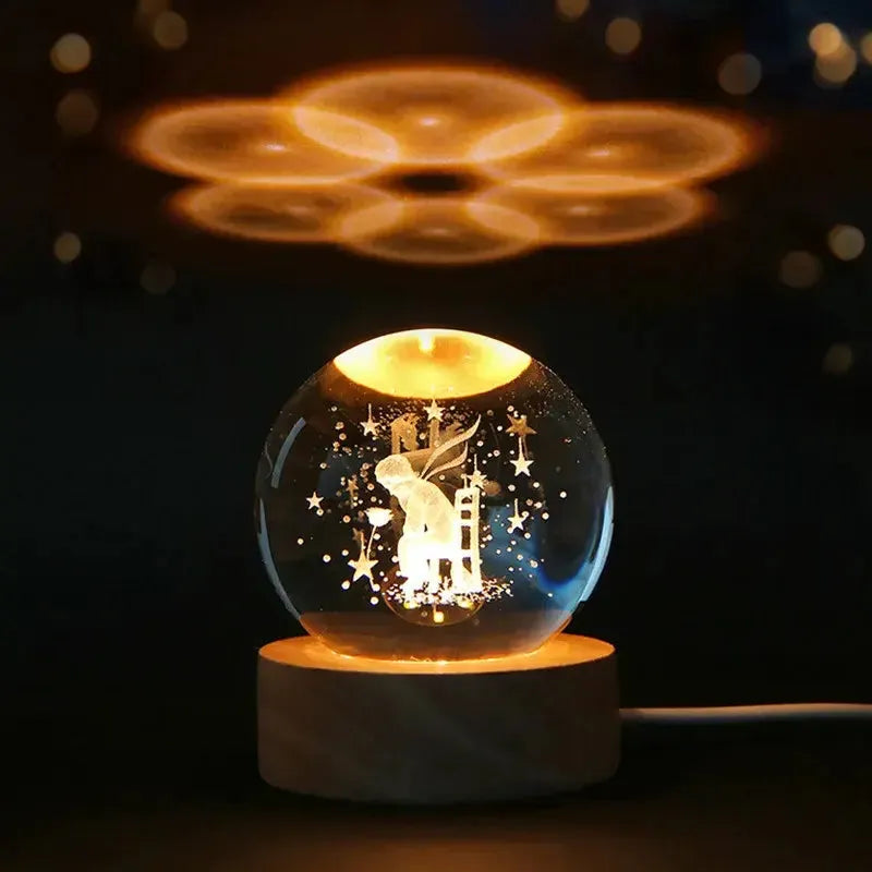 Laser engraved 3D crystal lamp emitting a soft glow, ideal for home decor.